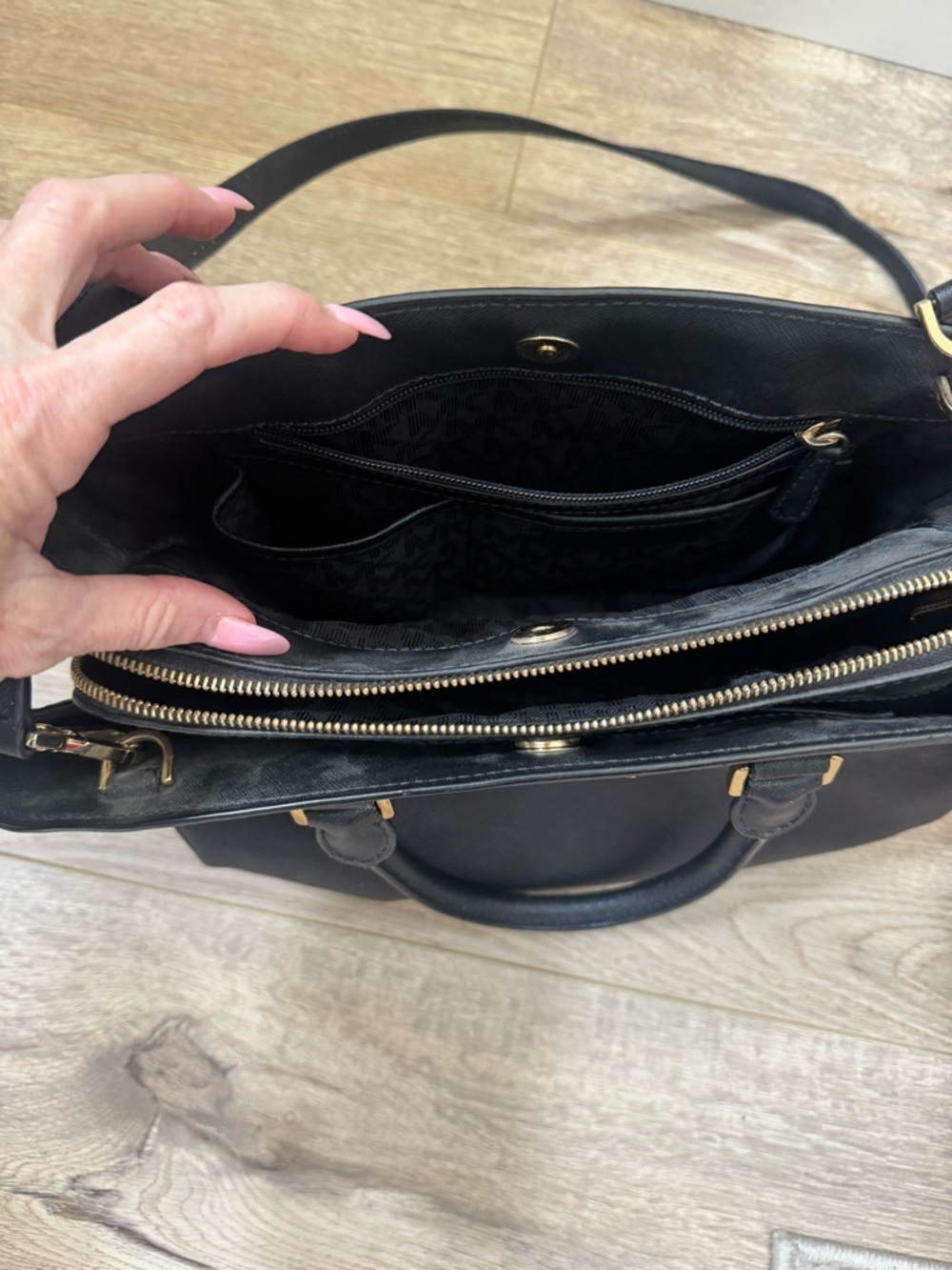 Michael Kors Black Saffiano Leather Satchel with Gold Accents - Picture 3 of 6